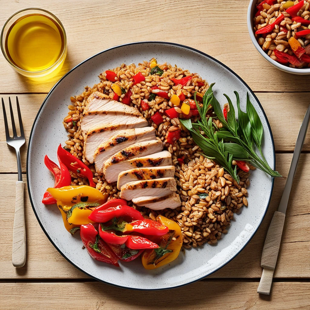 Grilled Chicken Breast with Farro and Roasted Bell Peppers