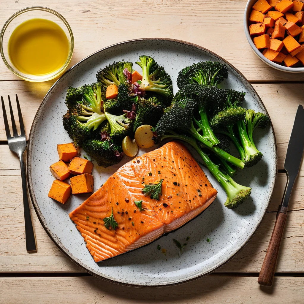 Baked Salmon with Sweet Potato and Roasted Broccoli