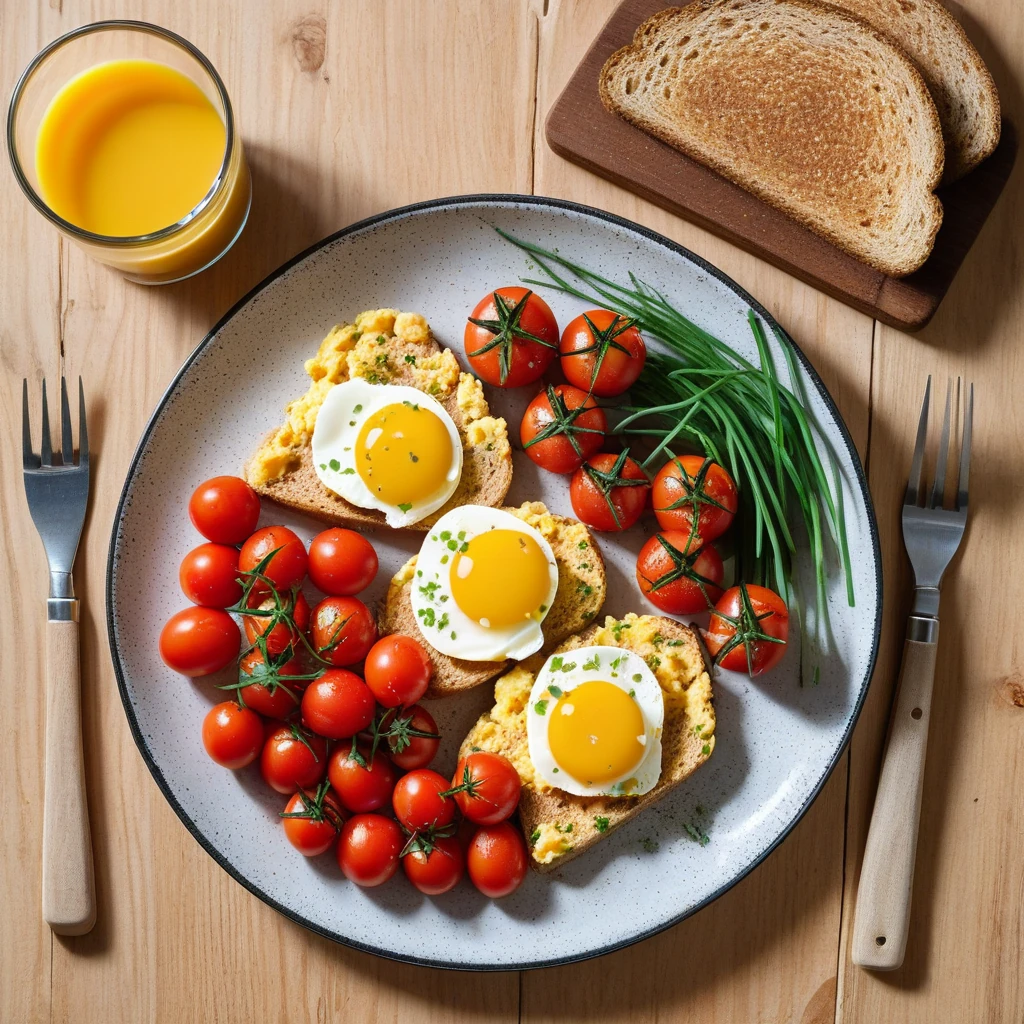 Scrambled Eggs with Wholemeal Toast and Grilled Tomatoes