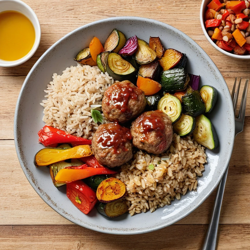 Turkey Meatball Bowl with Brown Rice and Roasted Vegetables