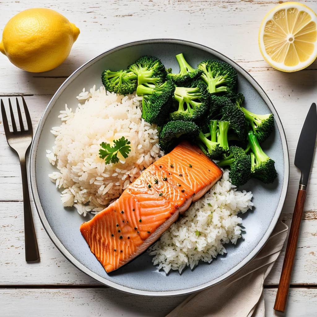 Baked Salmon with Rice and Steamed Broccoli