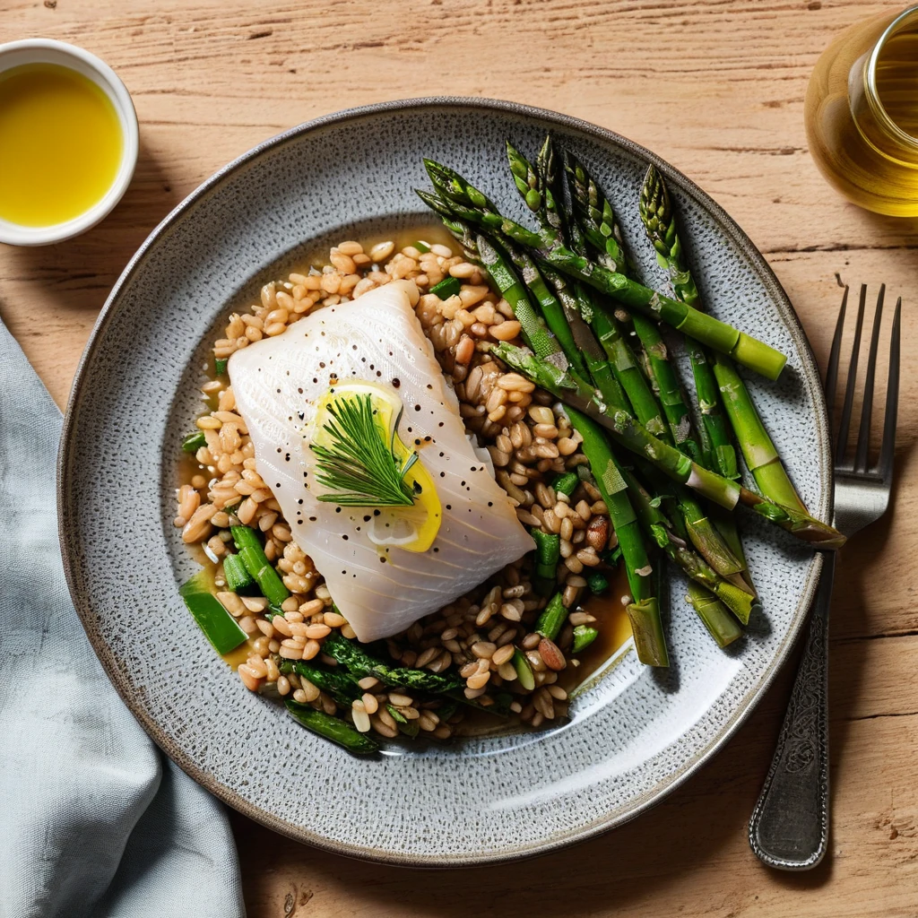 Baked Cod with Farro and Roasted Asparagus