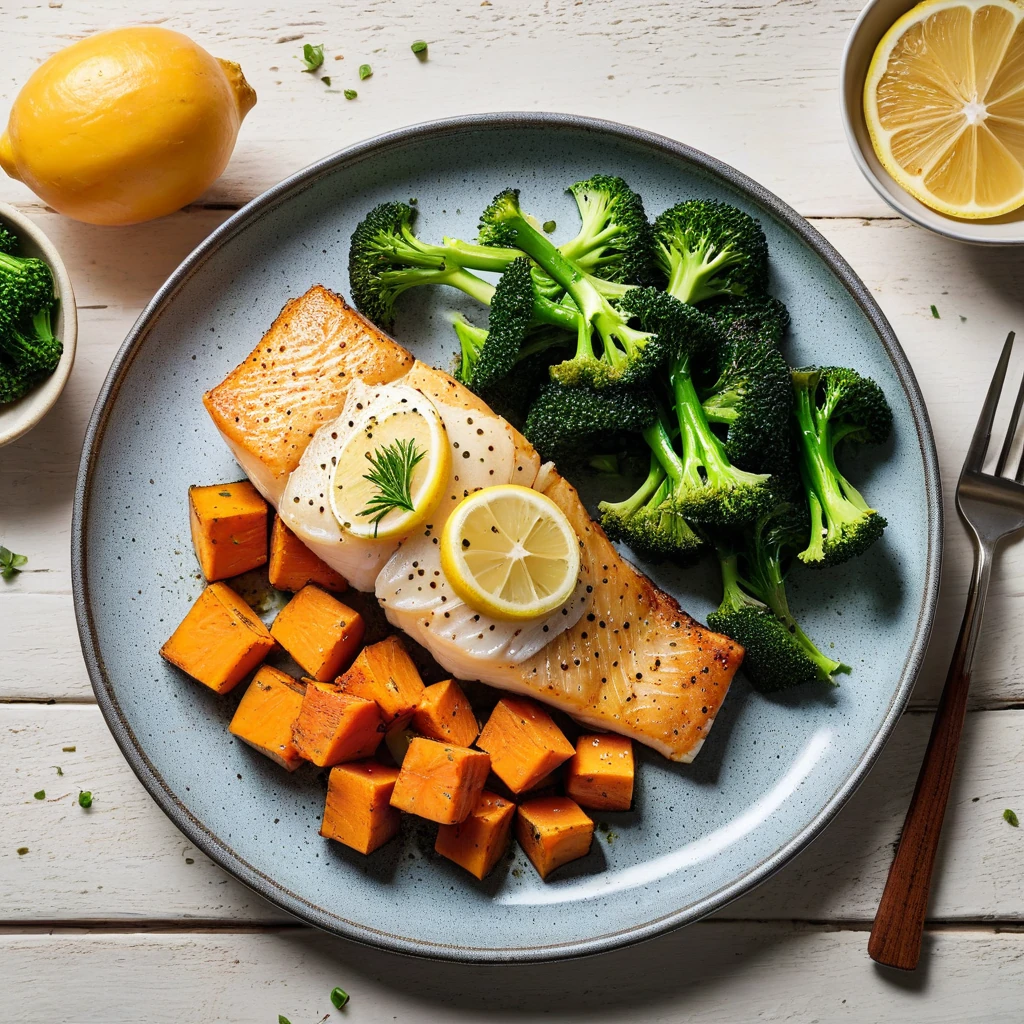 Pan-Seared Cod with Sweet Potato and Steamed Broccoli