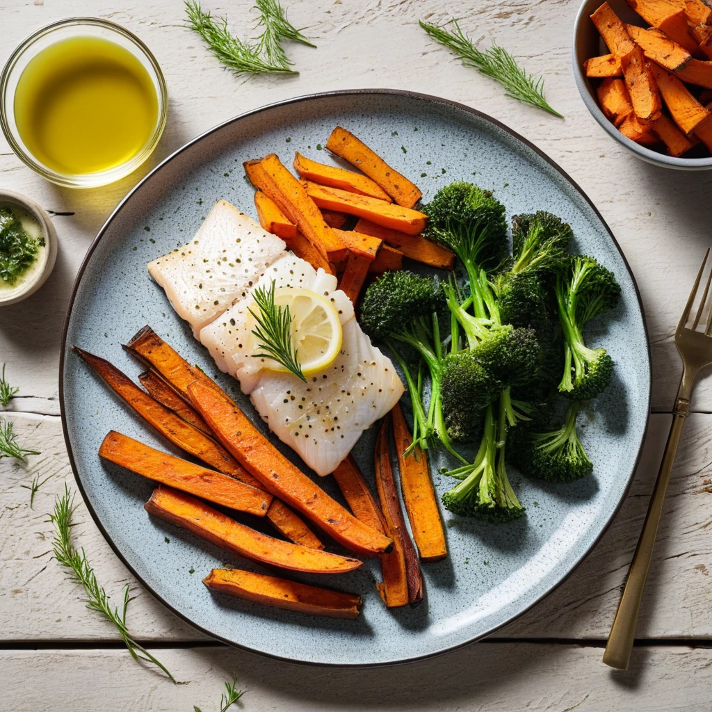 Baked Cod with Herbs and Sweet Potato Fries