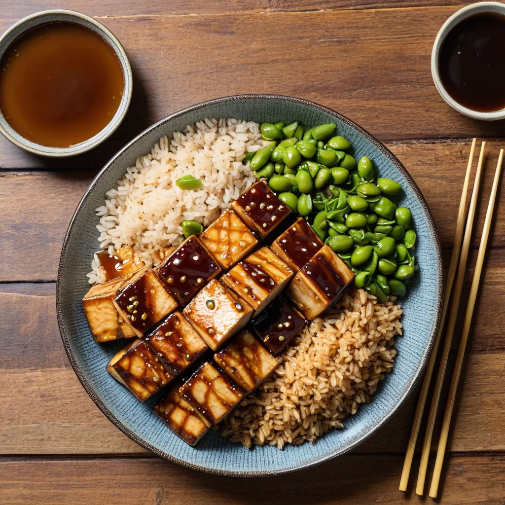 baked tofu with teriyaki glaze and brown rice