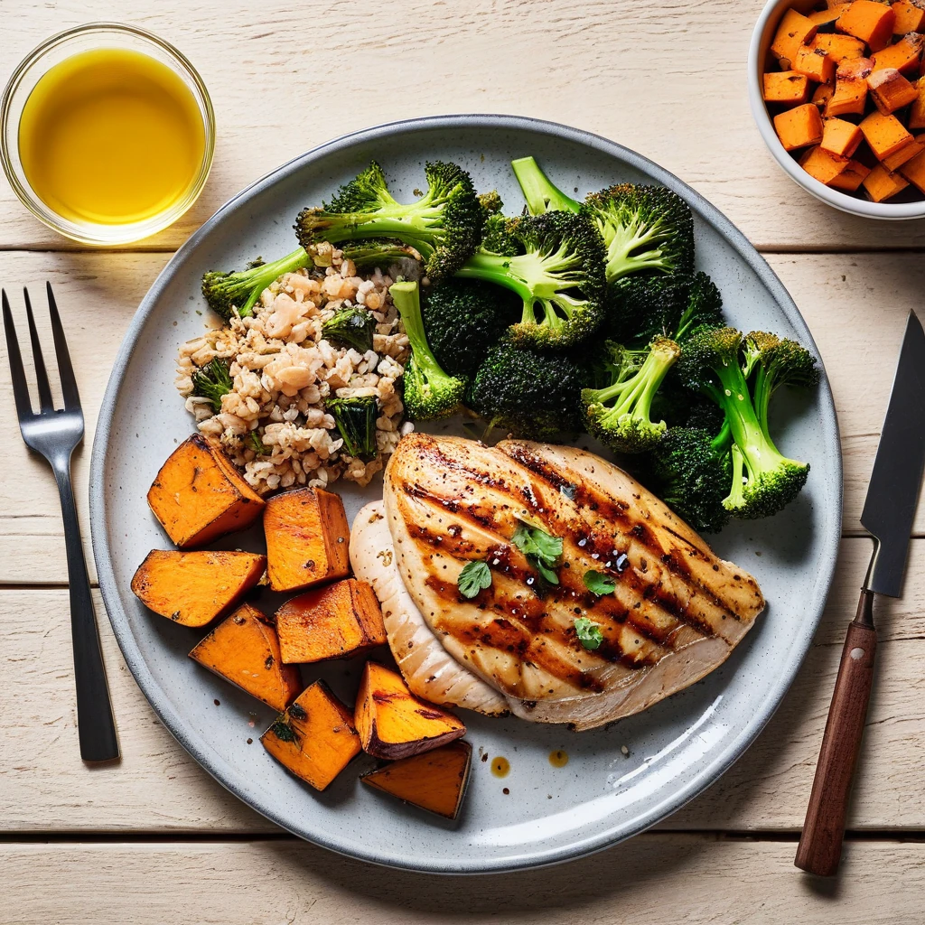 Grilled Chicken Breast with Sweet Potato and Roasted Broccoli