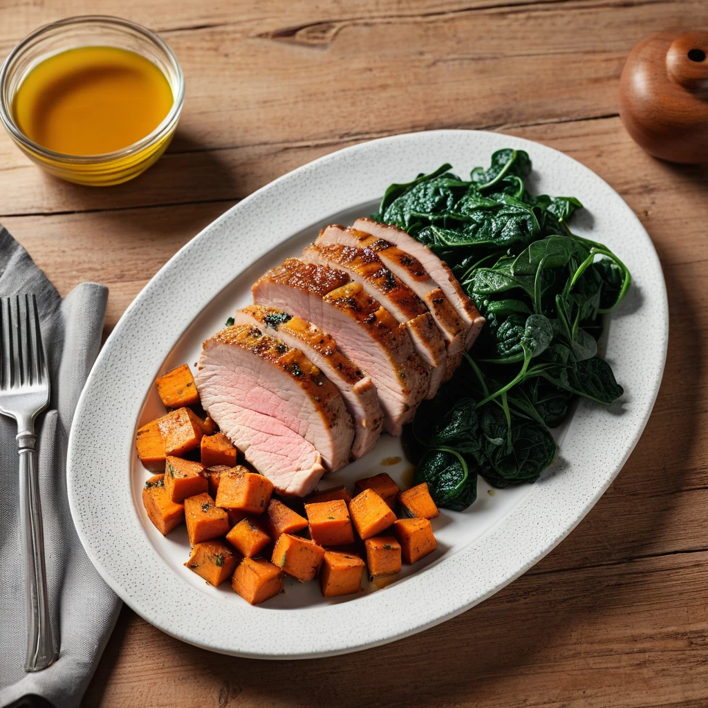 Roasted Pork Loin with Sweet Potato and Sautéed Spinach