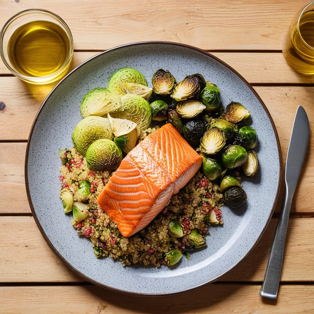 Baked Salmon with Quinoa and Roasted Brussels Sprouts