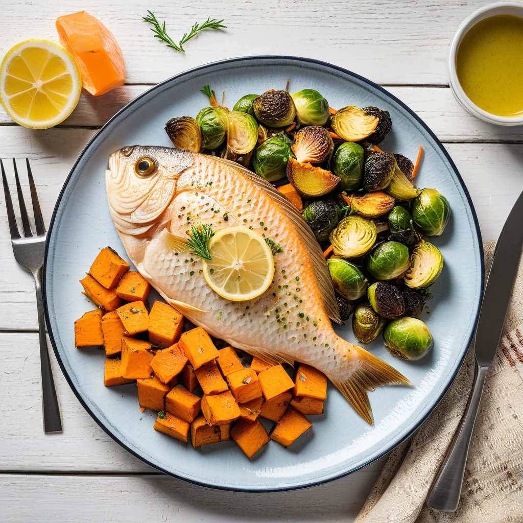 Baked Tilapia with Sweet Potato and Brussels Sprouts