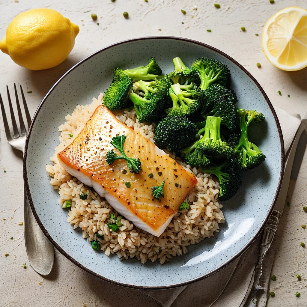 Baked Cod with Brown Rice and Steamed Broccoli