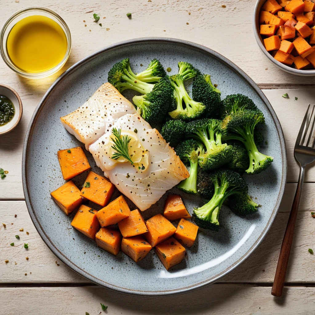 Baked Cod with Sweet Potato and Broccoli
