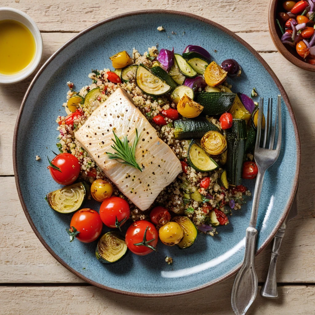 Mediterranean Baked Halibut with Quinoa and Roasted Vegetables
