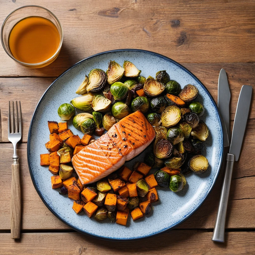 Grilled salmon with sweet potato and roasted Brussels sprouts