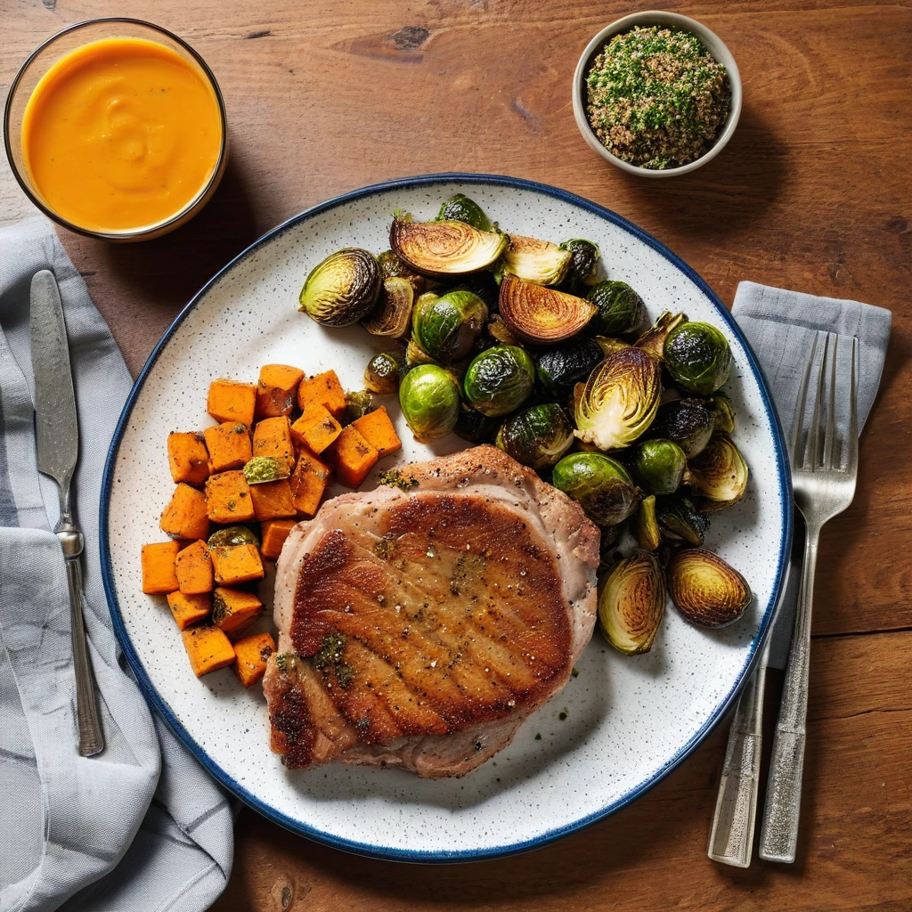 Herb-Crusted Pork Chops with Sweet Potato and Roasted Brussels Sprouts
