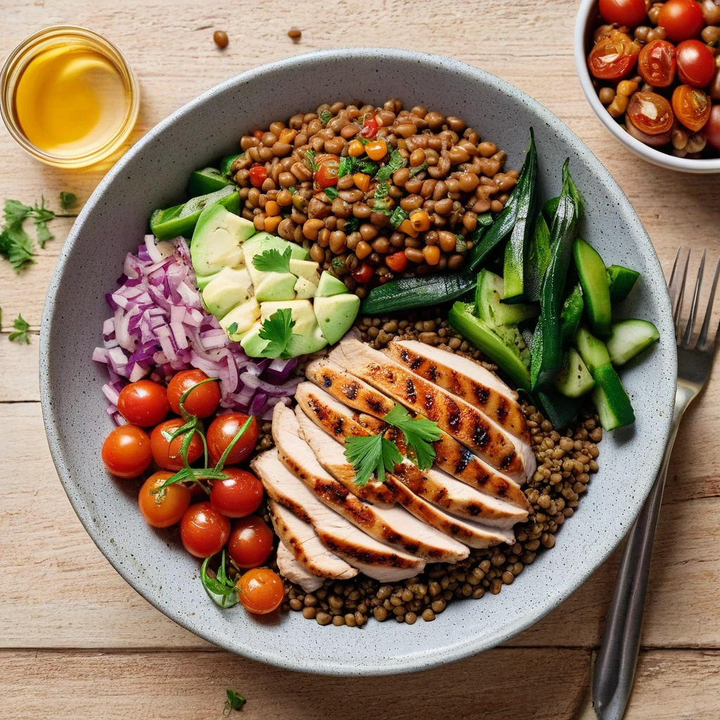 Mediterranean Lentil and Vegetable Bowl with Grilled Chicken