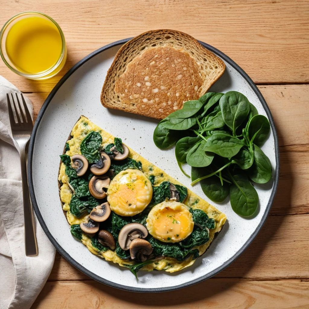 Organic Spinach and Mushroom Omelette with Whole Grain Toast