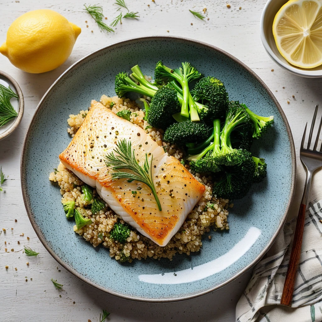 Baked Cod with Quinoa and Steamed Broccoli