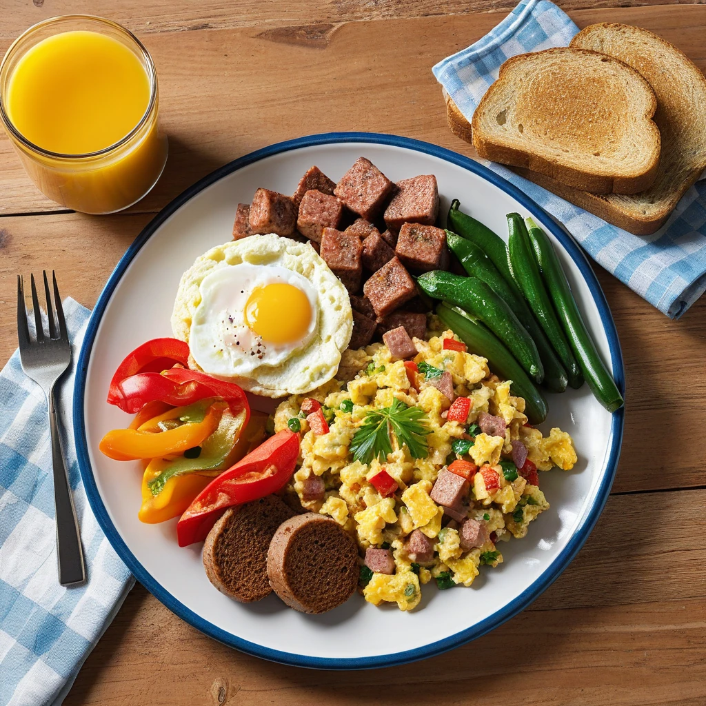 Turkey Sausage and Vegetable Egg Scramble with Toast