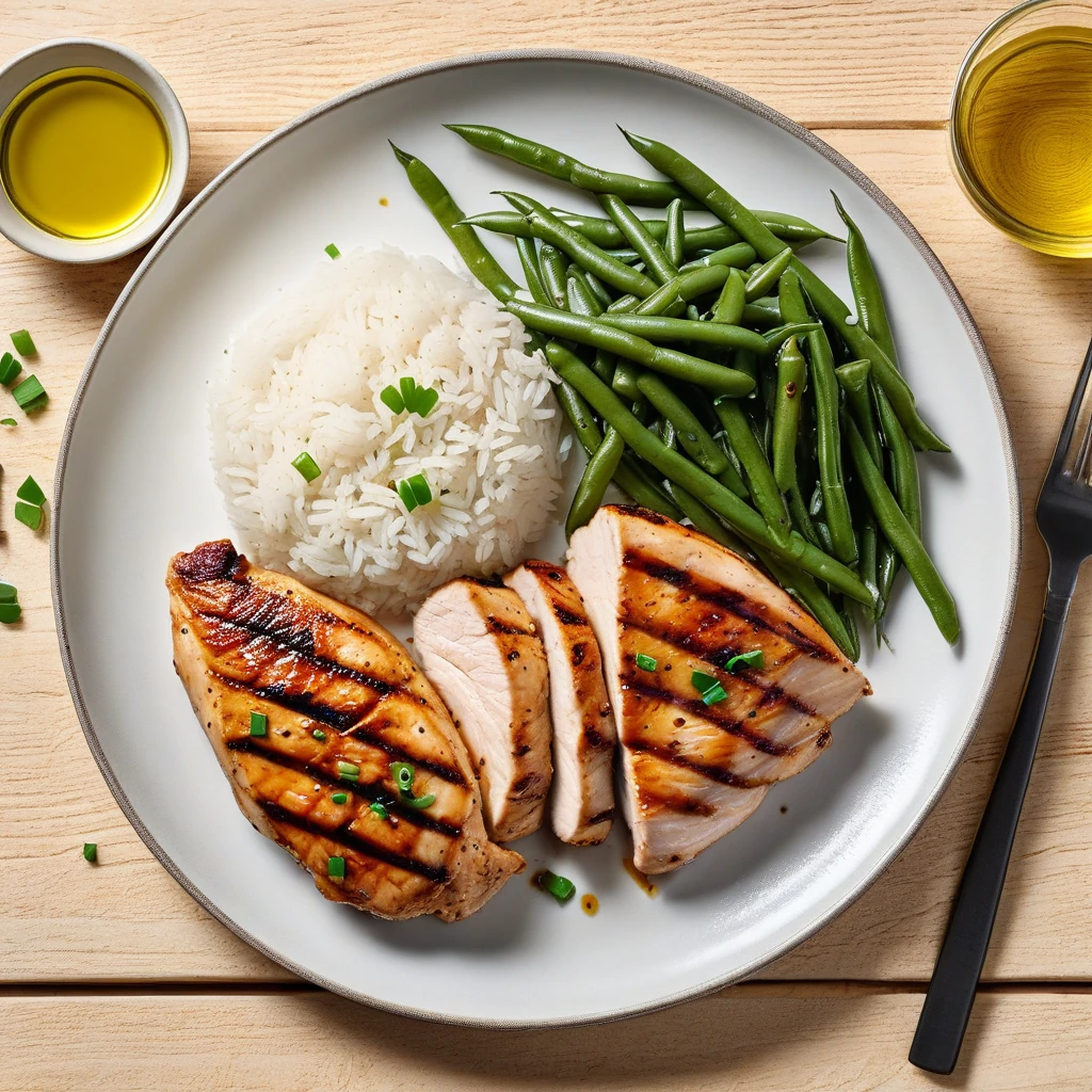 Grilled Chicken Breast with White Rice and Green Beans