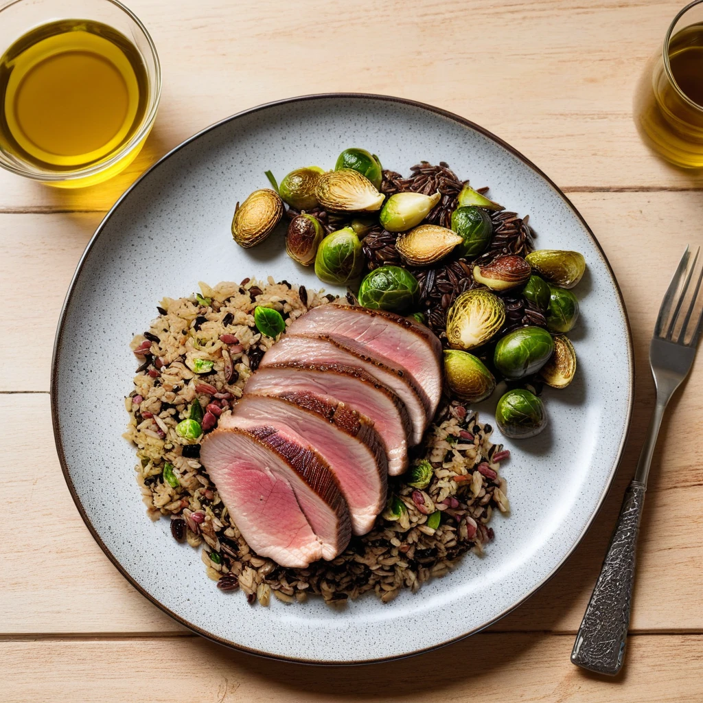 Pan-Seared Duck Breast with Wild Rice and Roasted Brussels Sprouts