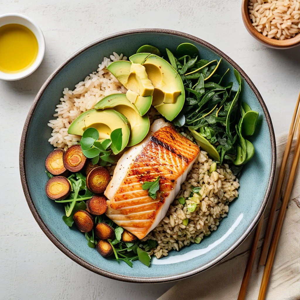 Sustainable Seafood Bowl with Brown Rice and Avocado