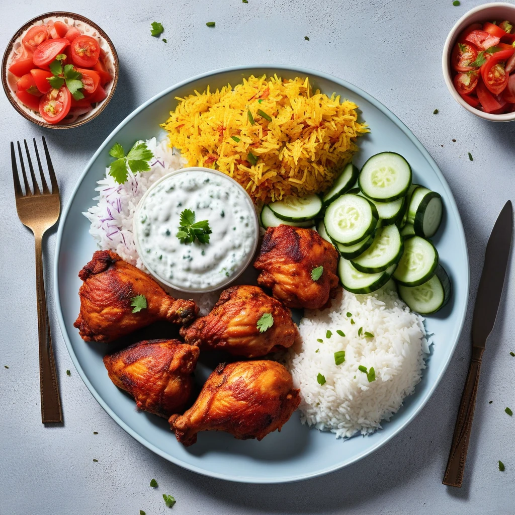 Tandoori Chicken with Basmati Rice and Cucumber Raita