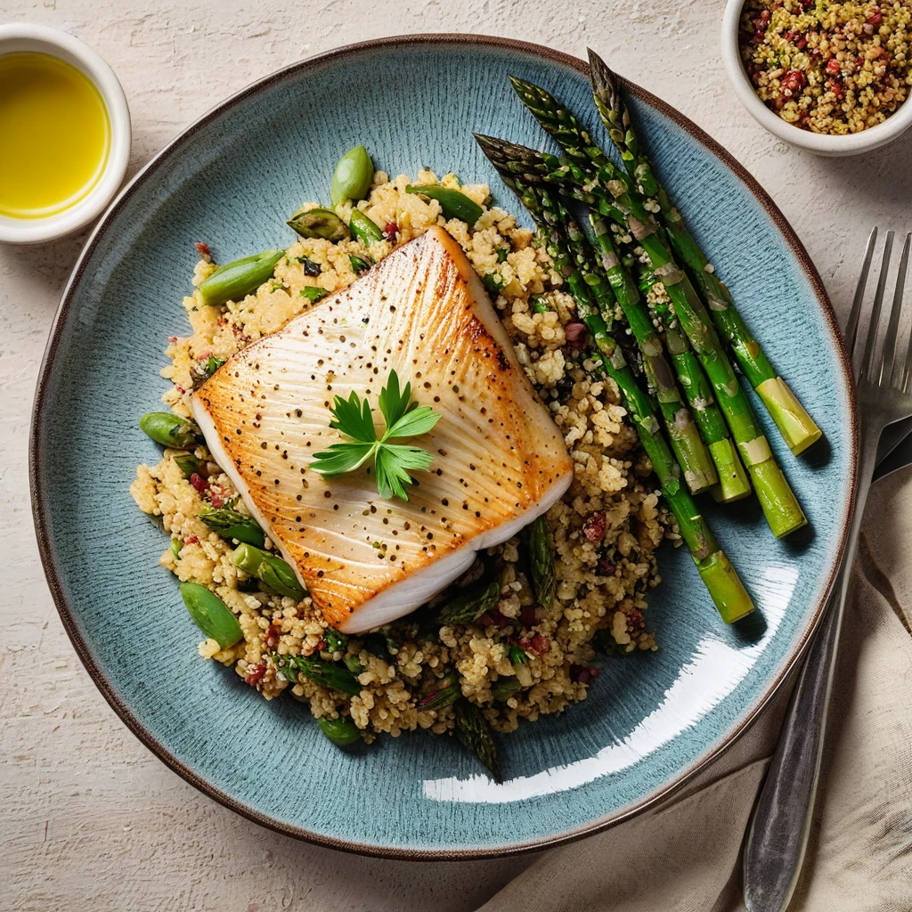Mediterranean Halibut with Quinoa Pilaf and Roasted Asparagus