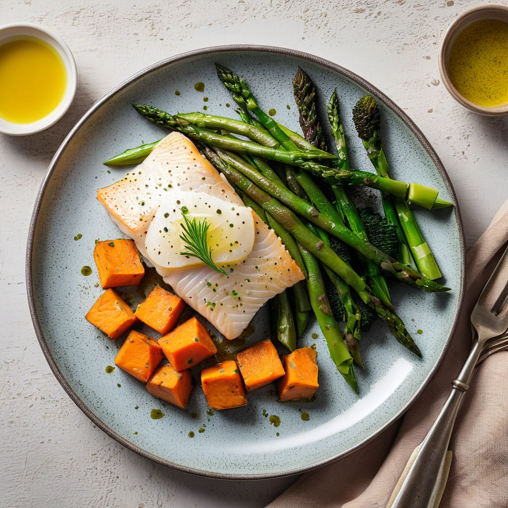 Baked Cod with Sweet Potato and Green Vegetables