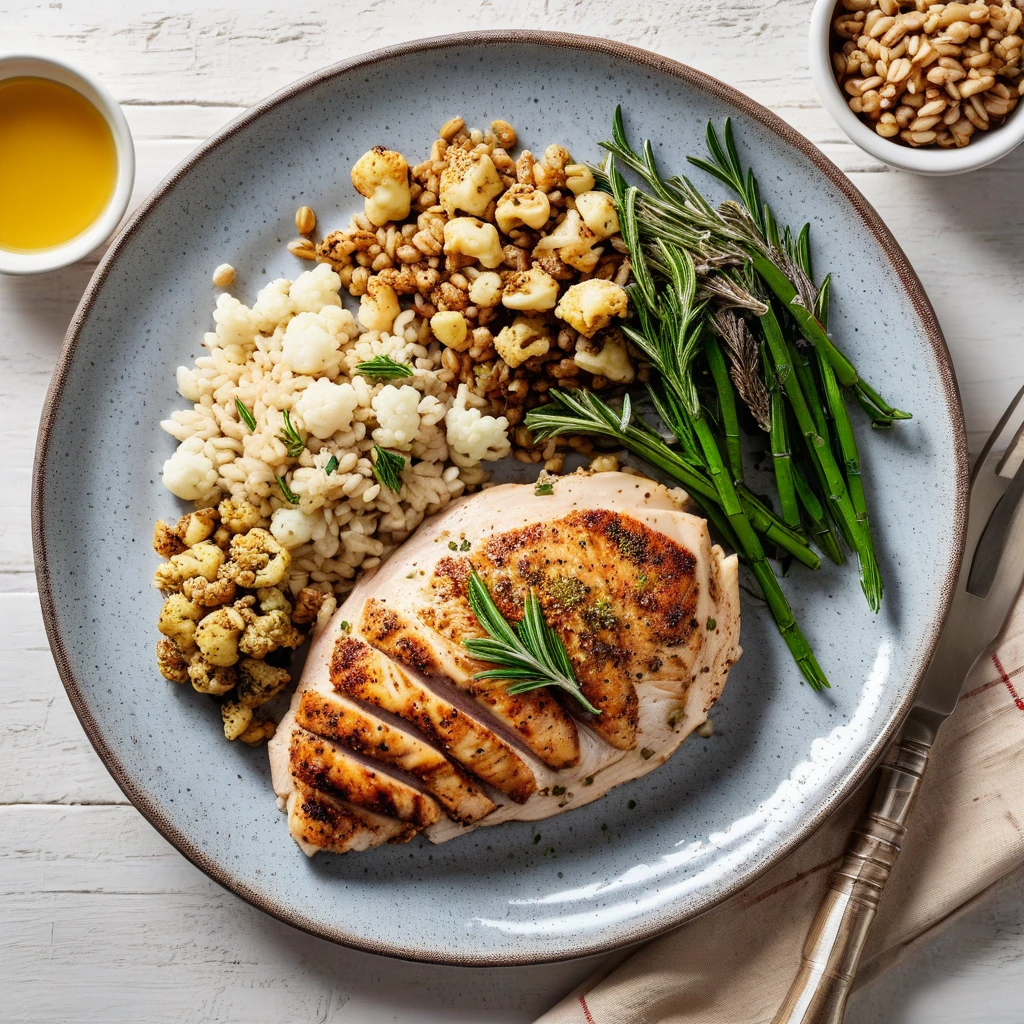 Herb-Crusted Chicken Breast with Roasted Cauliflower and Farro