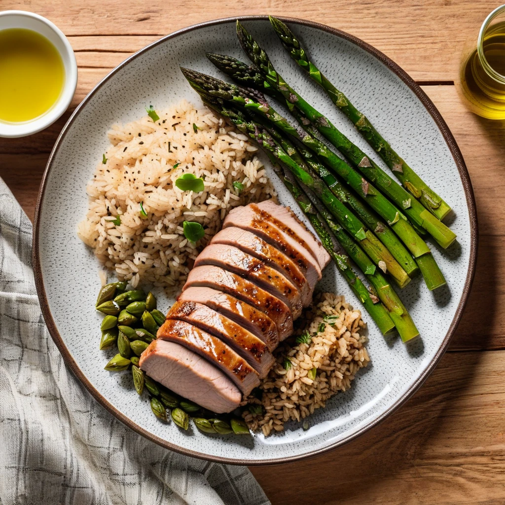 Baked Pork Tenderloin with Roasted Asparagus and Brown Rice