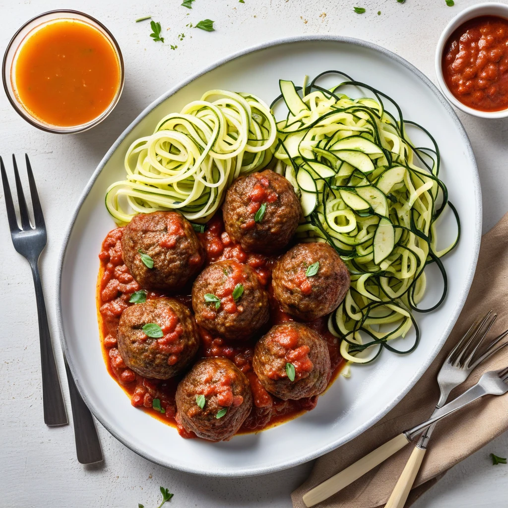Baked Beef Meatballs with Zucchini Noodles and Marinara
