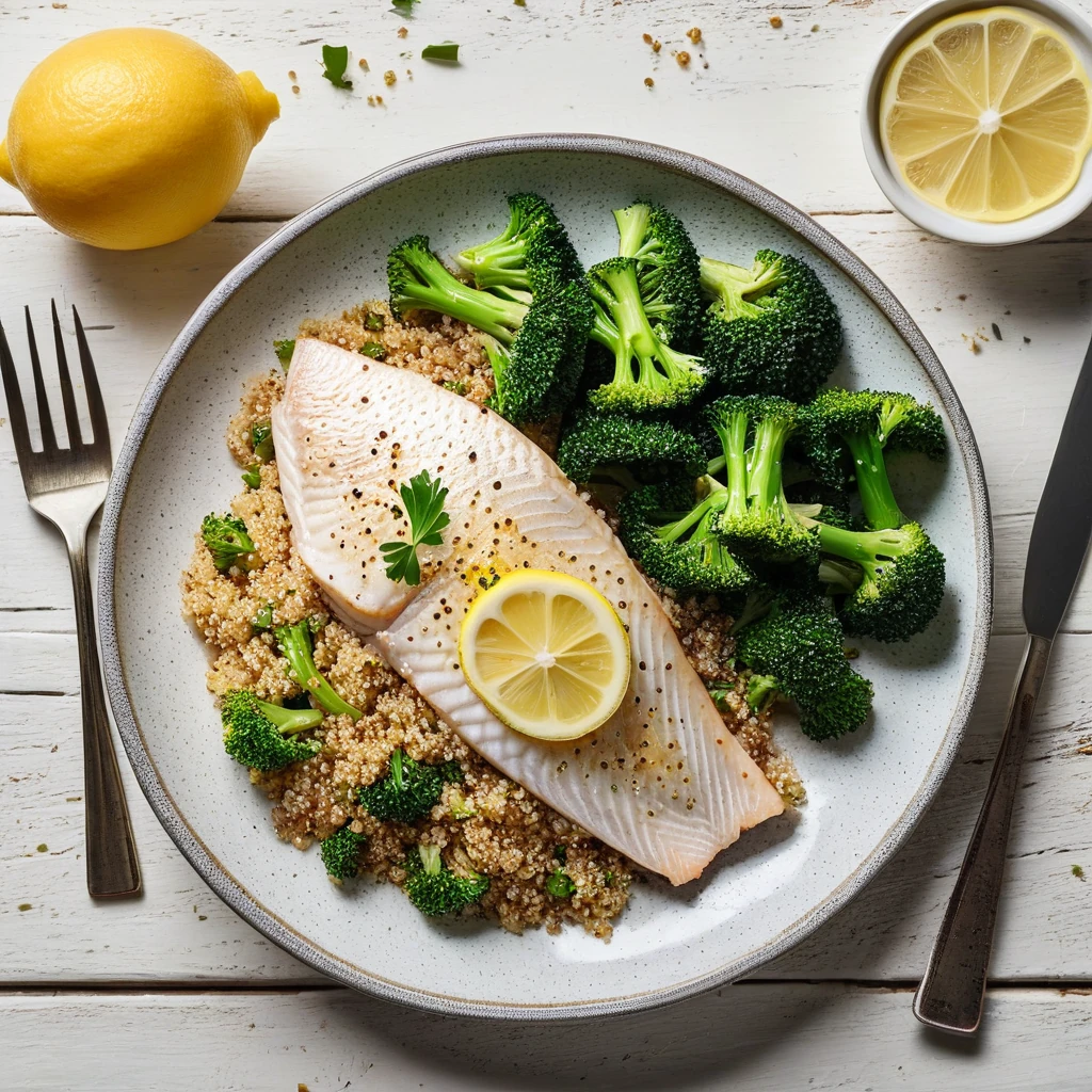 Baked White Fish with Quinoa and Steamed Broccoli