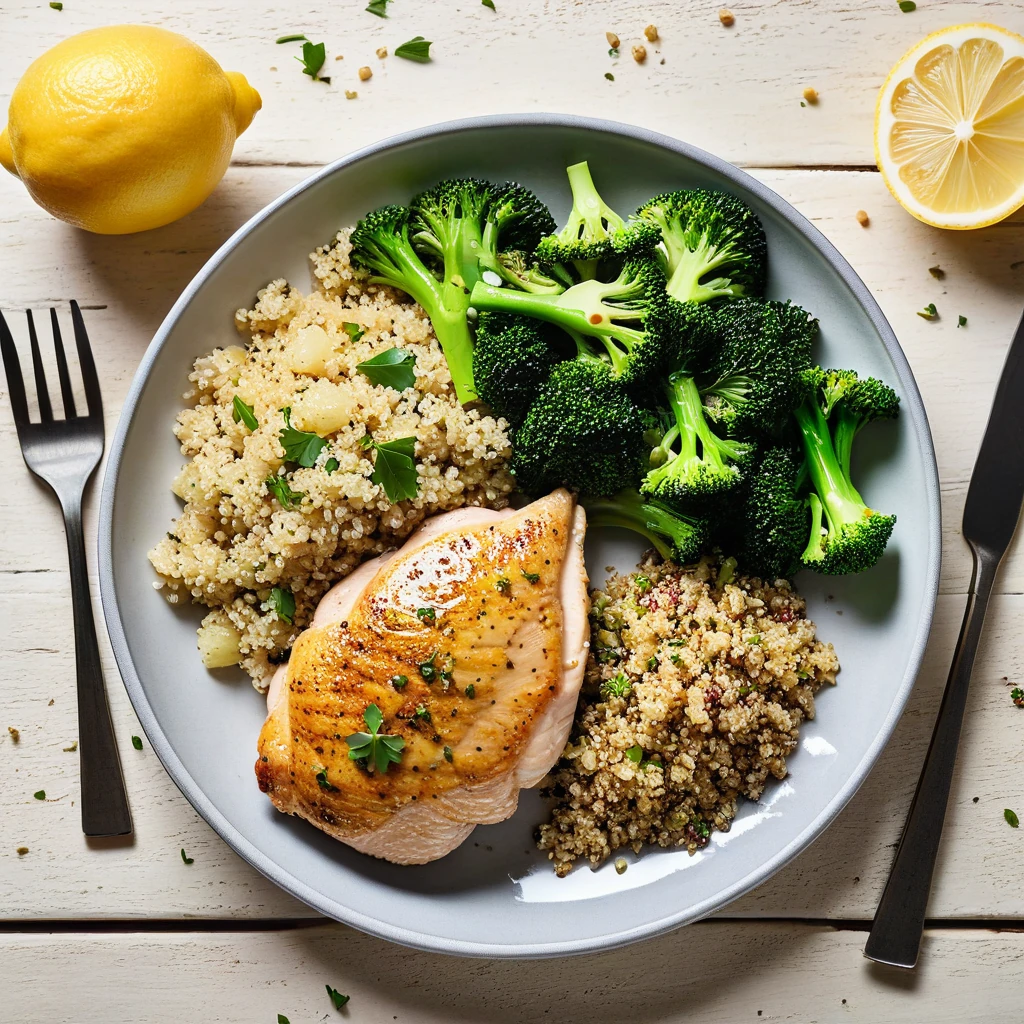 Lemon Herb Chicken with Quinoa and Steamed Broccoli