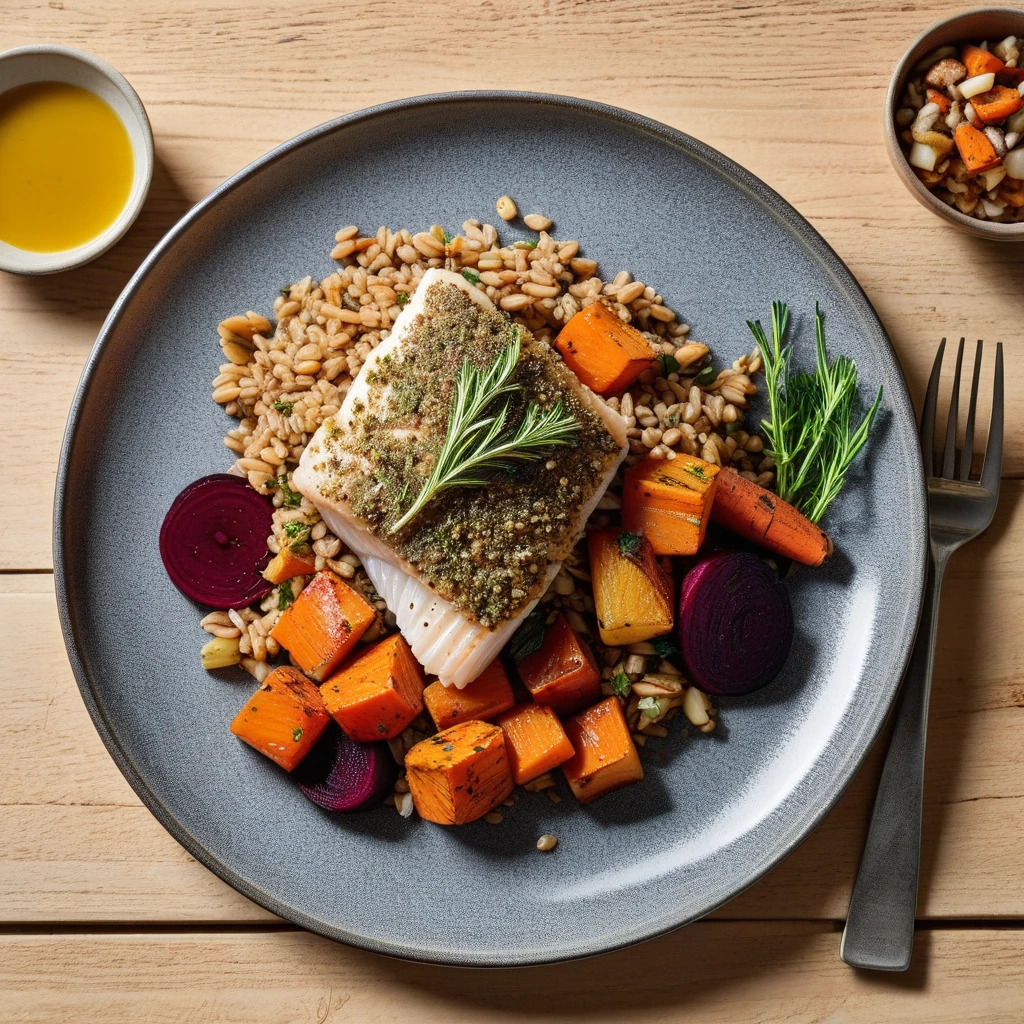 Herb-Crusted Cod with Farro and Roasted Root Vegetables