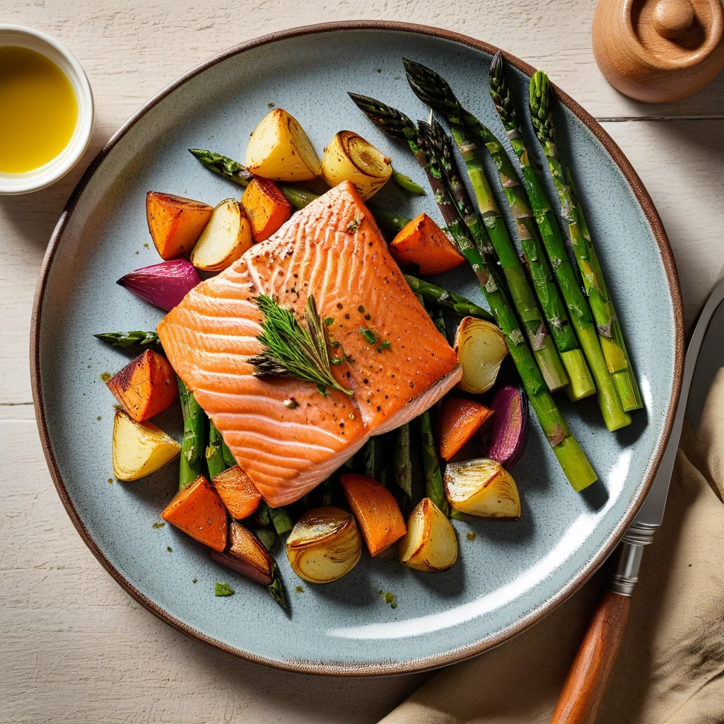 Pan-Seared Salmon with Roasted Root Vegetables and Asparagus