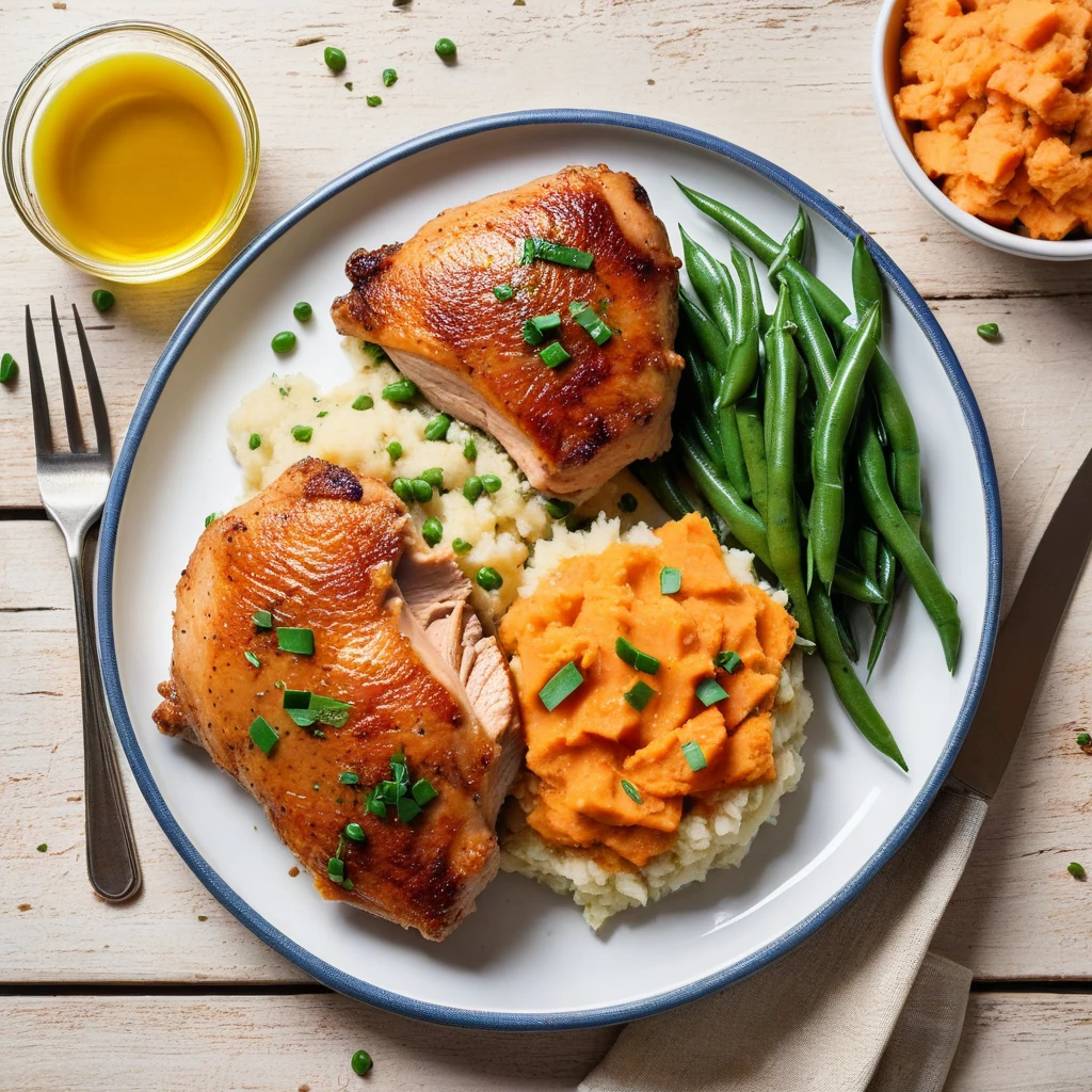 Baked Chicken Thighs with Mashed Sweet Potato and Green Beans