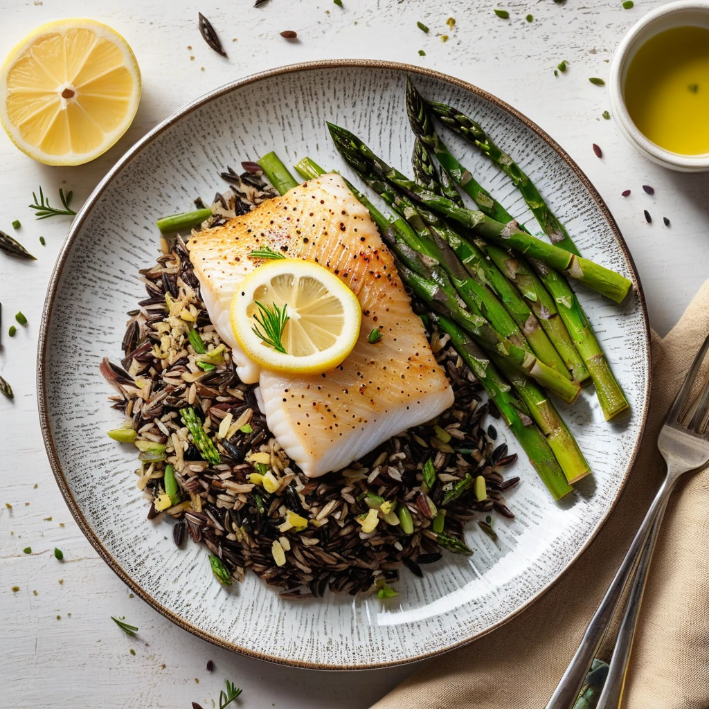 Baked Cod with Roasted Asparagus and Wild Rice