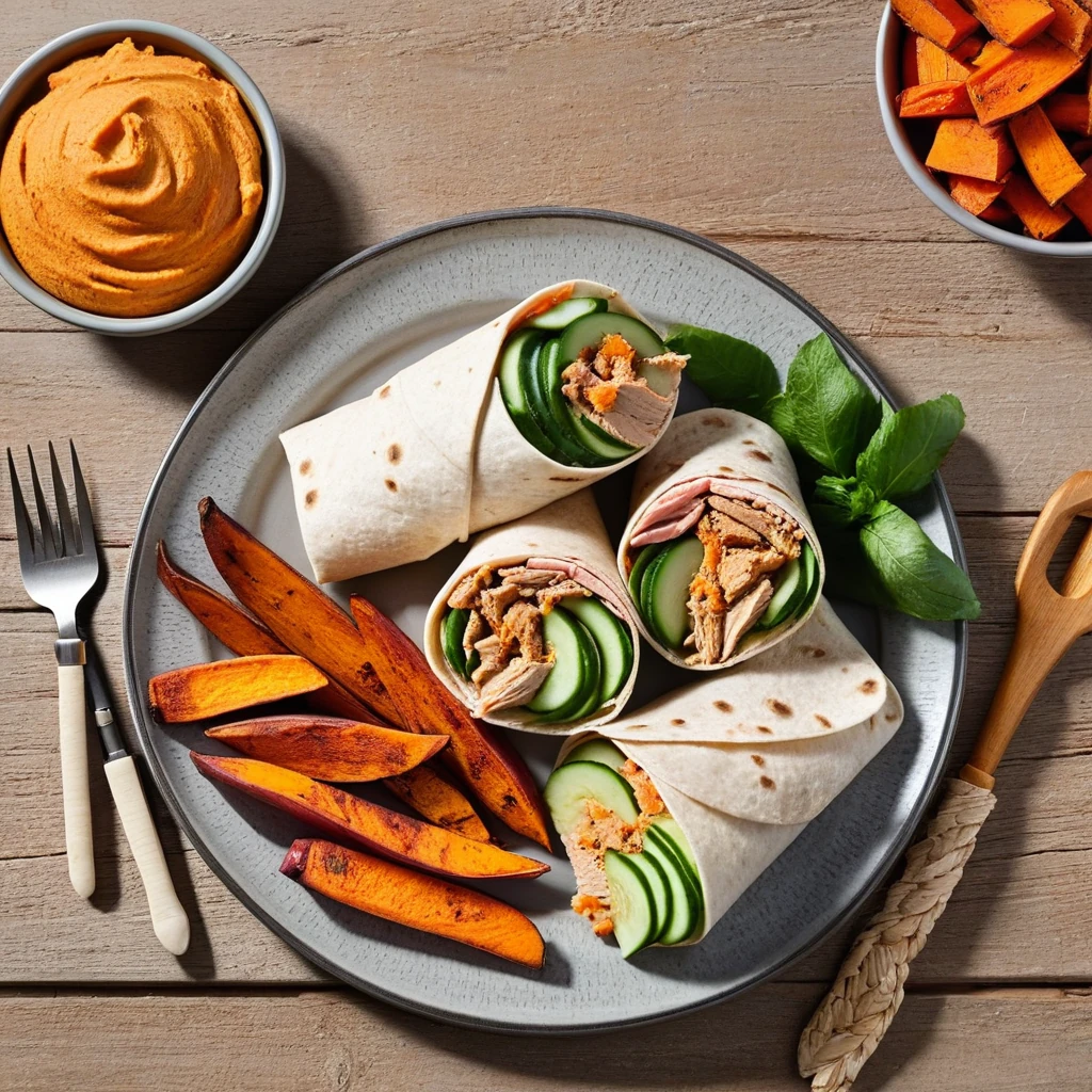 Turkey and Hummus Wrap with Sweet Potato Wedges