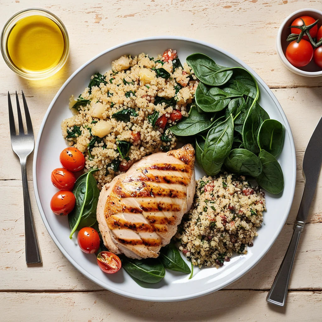 Grilled Lemon Herb Chicken with Quinoa and Spinach Salad