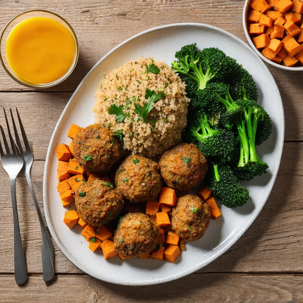 Baked Turkey Meatballs with Sweet Potato and Steamed Broccoli