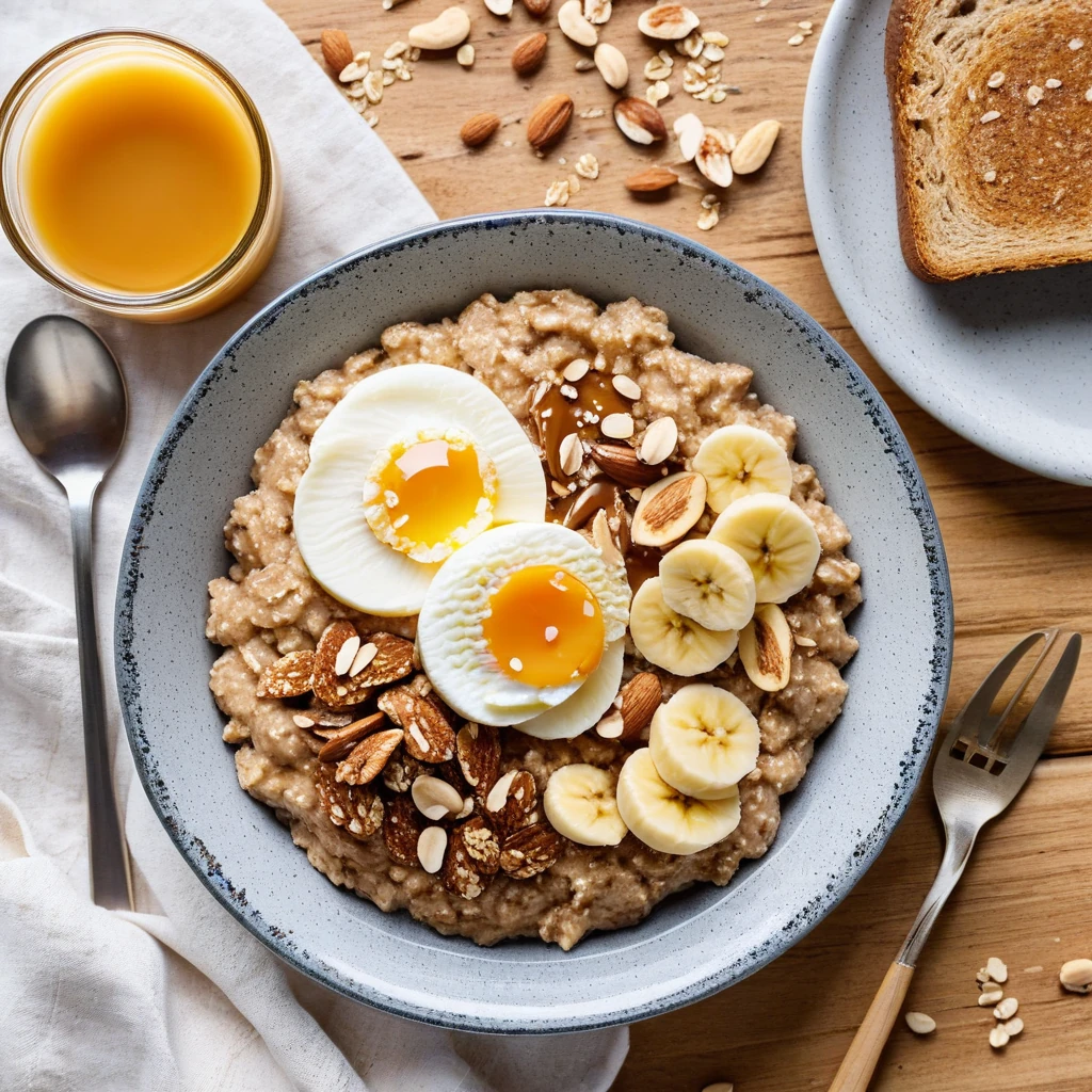 Banana and Almond Butter Oatmeal with Egg White Toast