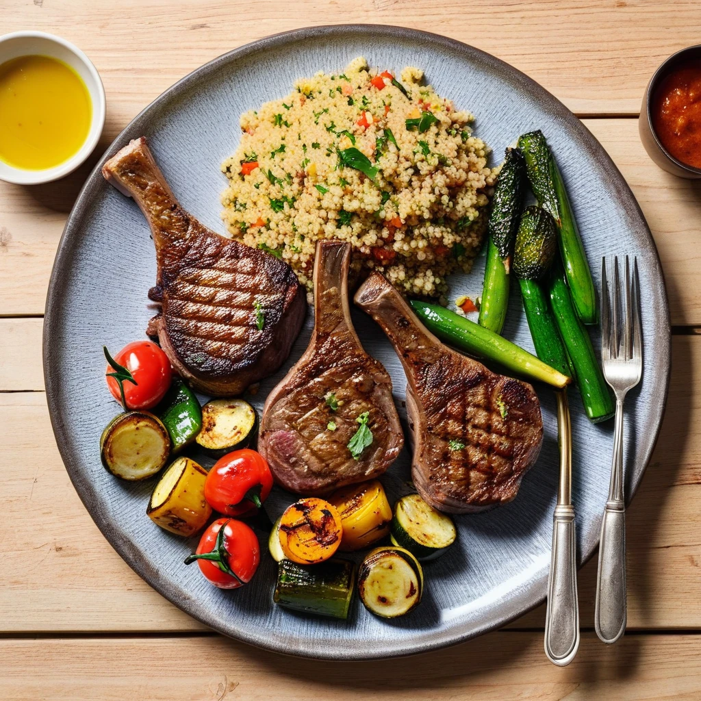 Herb-Grilled Lamb Chops with Couscous and Roasted Vegetables