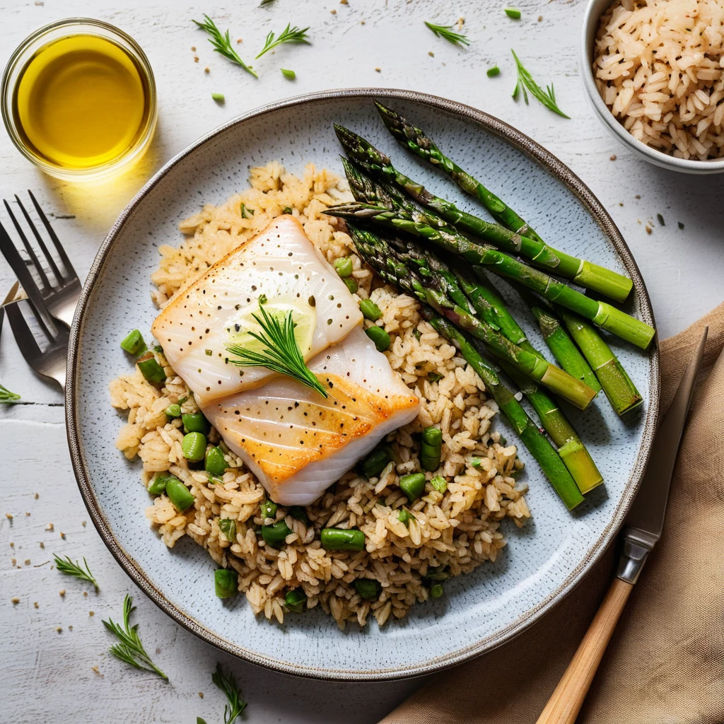 Baked Cod with Brown Rice and Roasted Asparagus