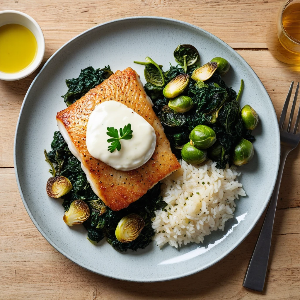 Pan-Seared Cod with Creamed Spinach, Brussels Sprouts, and Rice