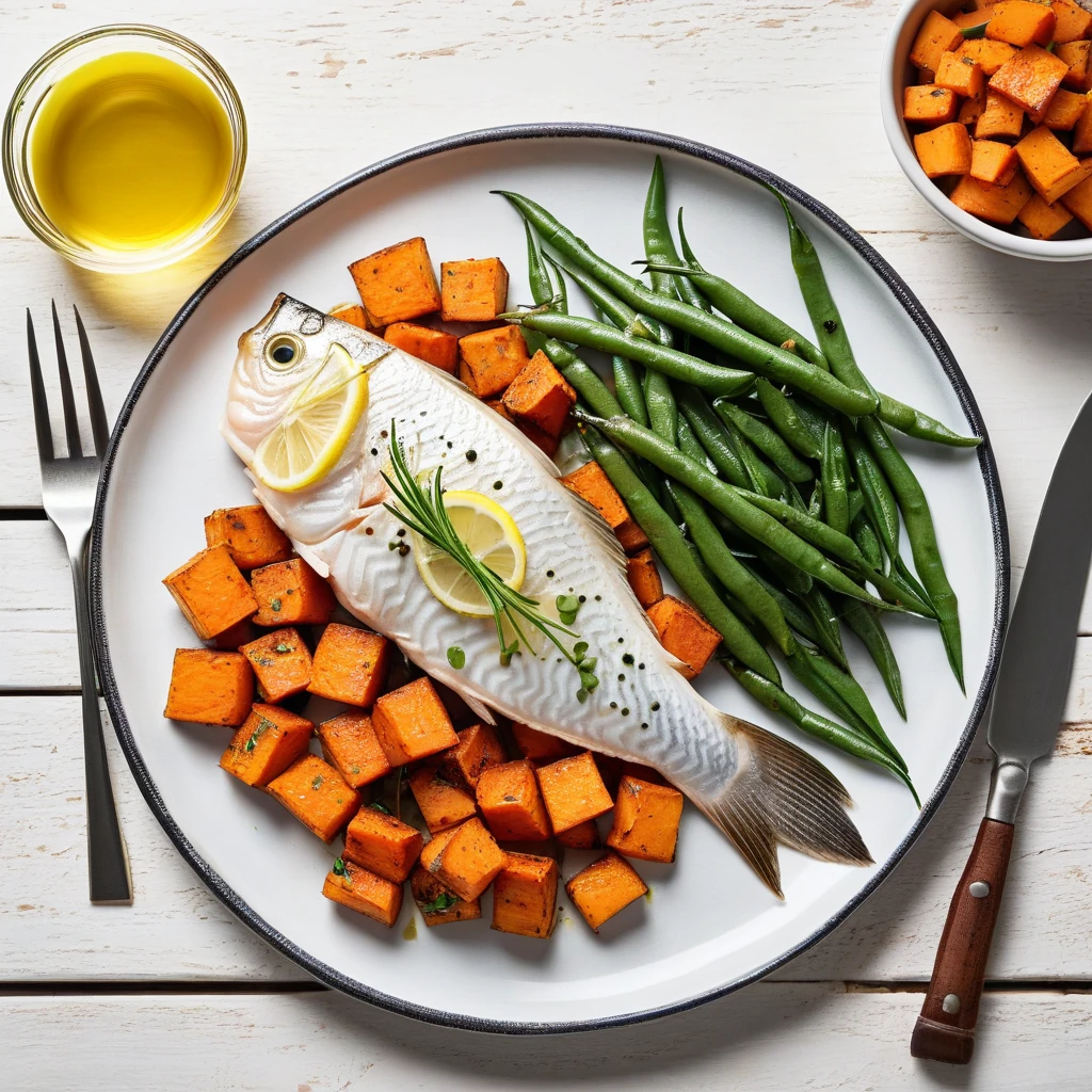 Baked White Fish with Roasted Sweet Potato and Green Beans