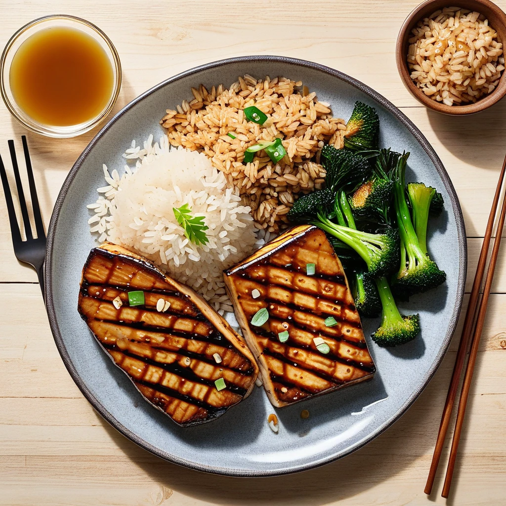 Miso-Glazed Tofu Steaks with Brown Rice and Asian Vegetables