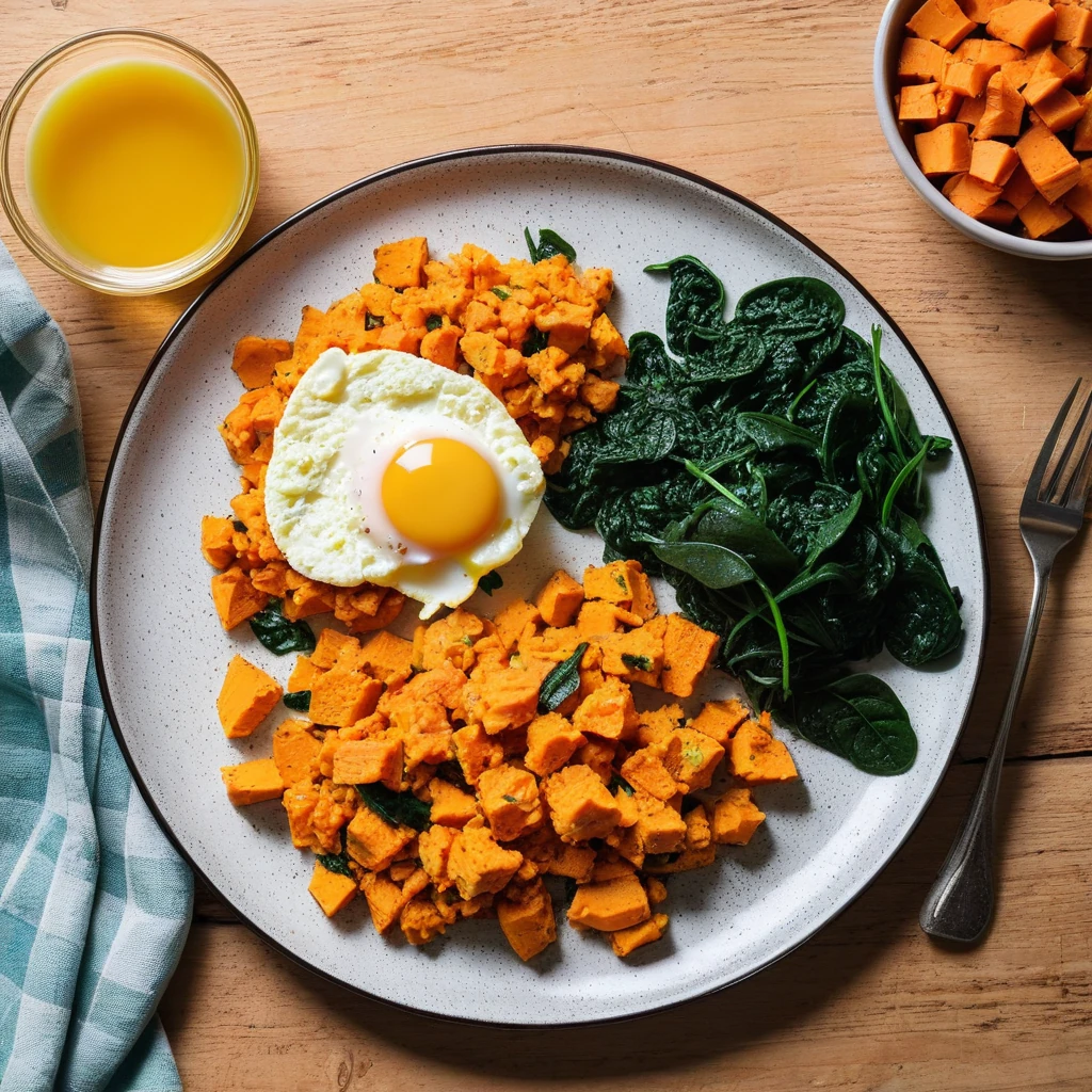 Scrambled Eggs with Sweet Potato and Sautéed Spinach