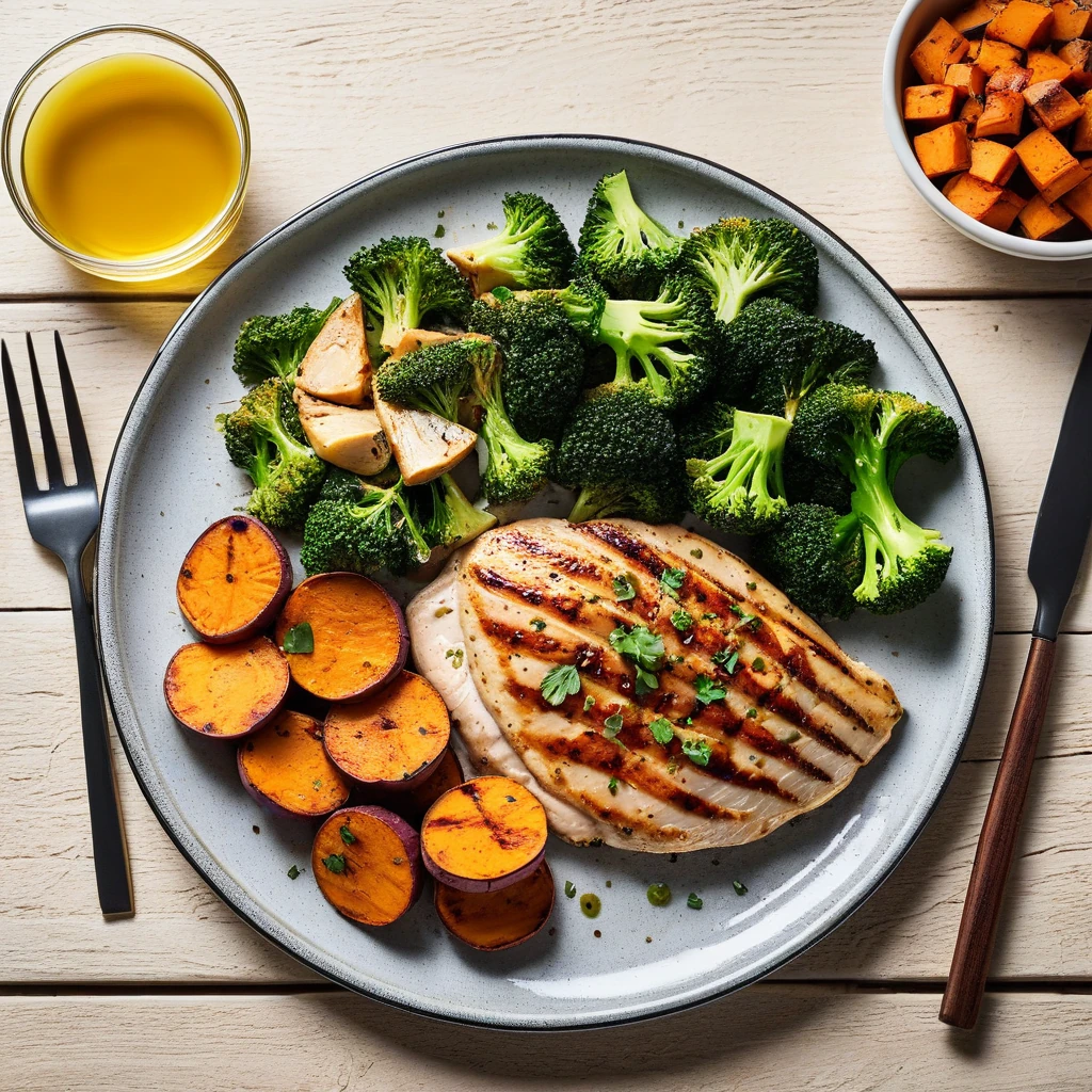 Grilled Chicken Breast with Roasted Sweet Potato and Broccoli