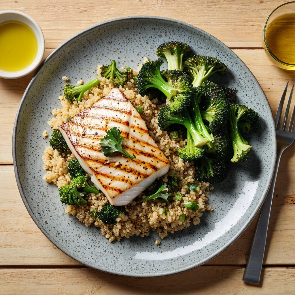 Grilled Halibut with Quinoa and Roasted Broccoli