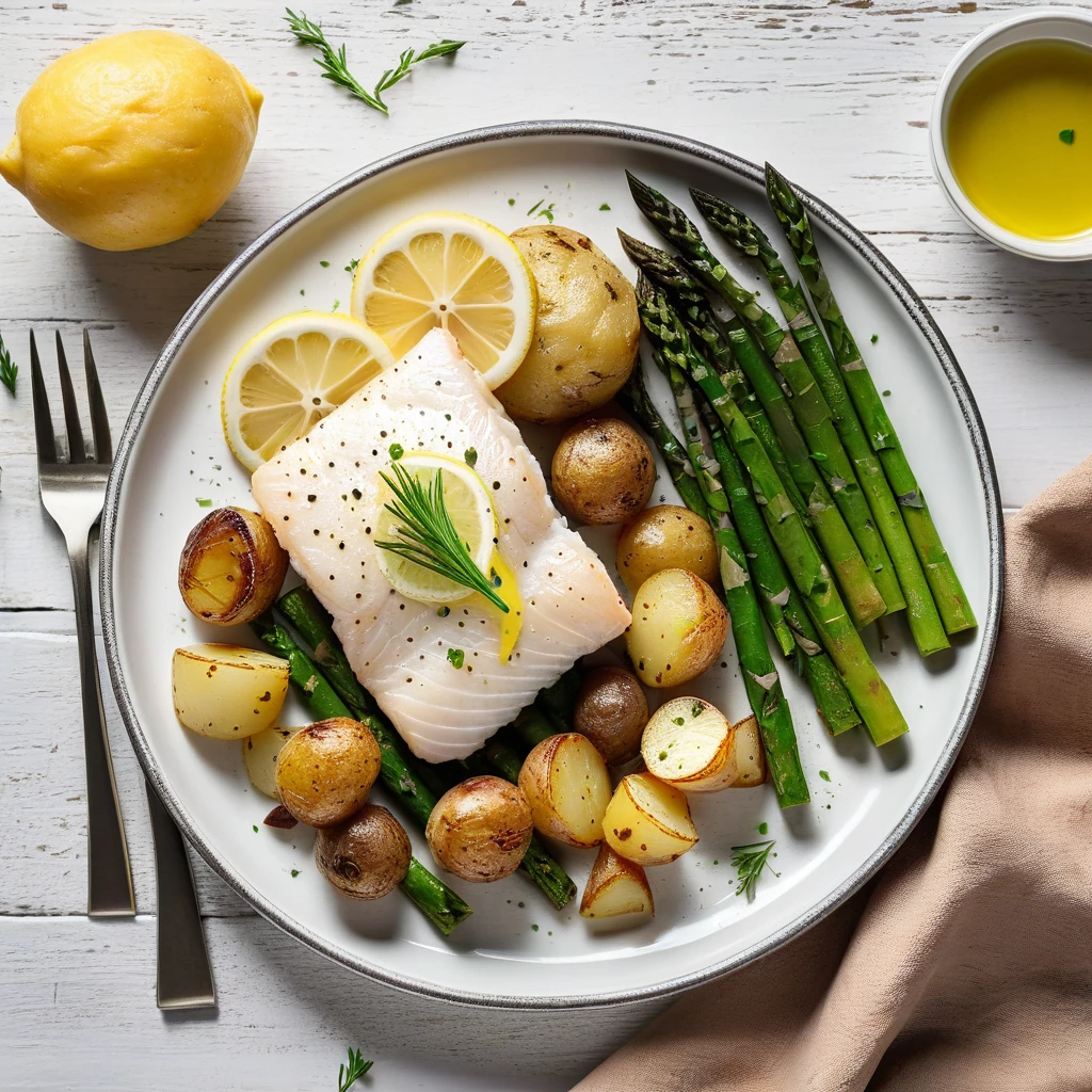 Baked Cod with Asparagus and Roasted Potatoes